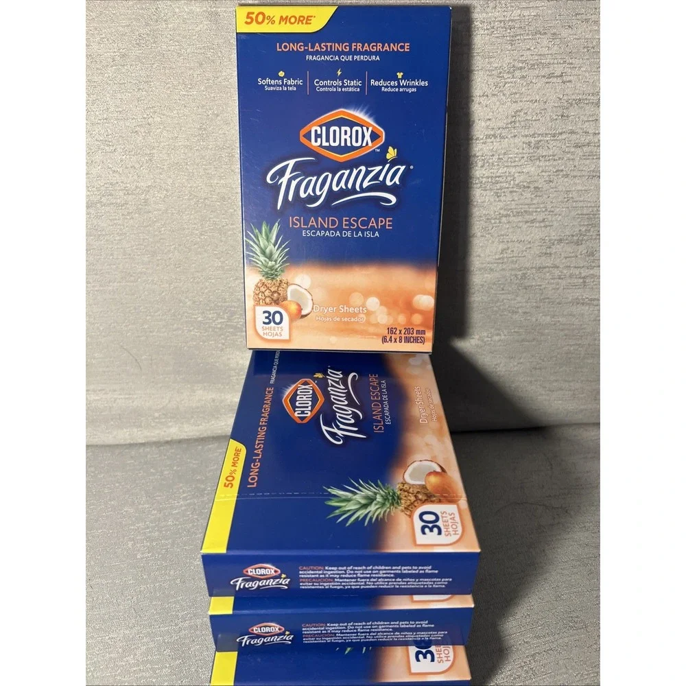 4x Boxes Clorox Fraganzia Island Escape Dryer Sheets 30 Per Box | 120 Sheets